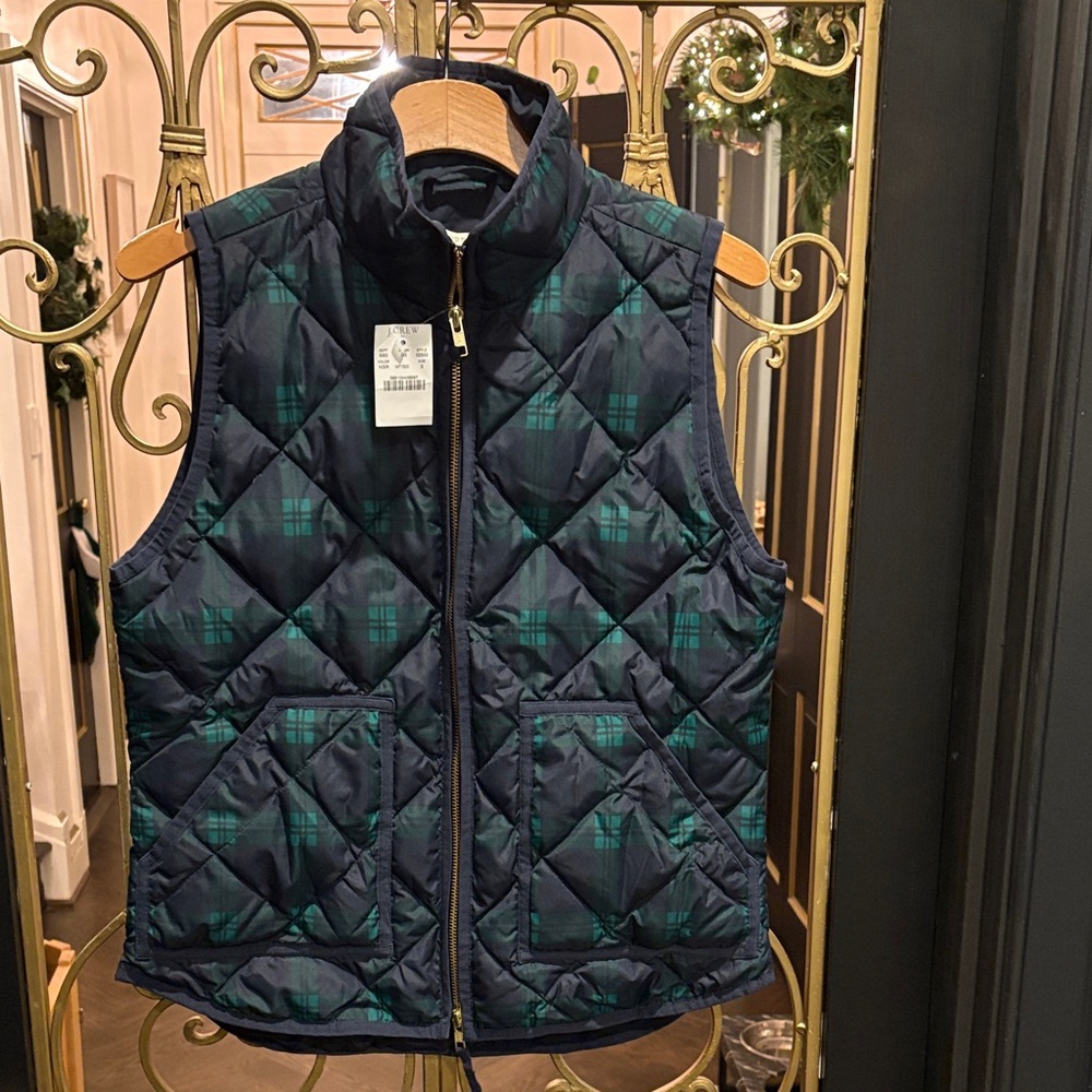 Navy and Green Quilted Vest with gold jcrew down light weight nwt small feather